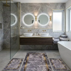 set de trois tapis de salle de bain marbré avec cadrèrent doré