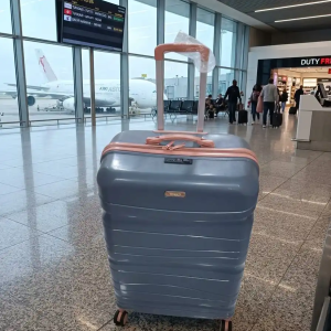 une grande valise tittou de gris et avec bande rose