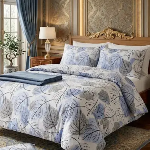 parure de lit 4 pcs avec de feuille bleu et gris